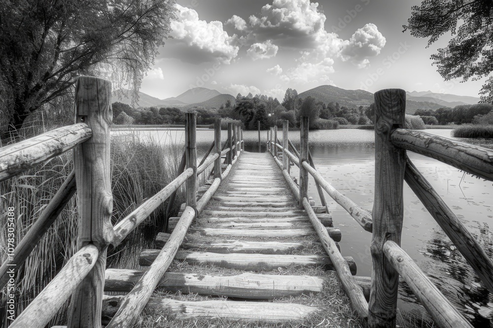 Obraz premium Earth Black And White. Beautiful Black and White Wooden Bridge Over Lake