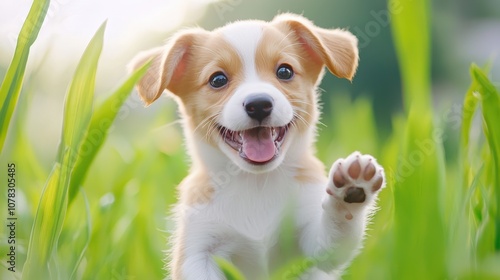 A cheerful puppy playfully trots through green grass, embodying joy and curiosity in a bright, sunny environment.