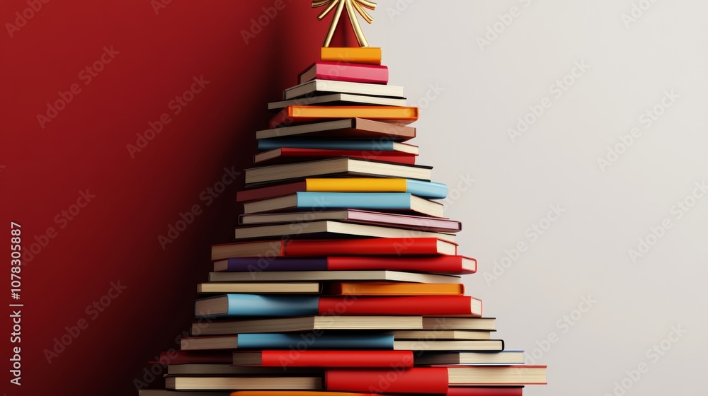 Christmas tree made out of books. The books are stacked on top of each other in a pyramid shape. The tree is full of books of different sizes and colors, creating a unique and creative decoration Christmas tree made out of books. The books are stacked on top of each other in a pyramid shape. The tree is full of books of different sizes and colors, creating a unique and creative decoration