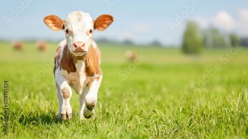 A playful calf runs through a lush green field under a bright blue sky, surrounded by distant cattle, embodying rural charm.