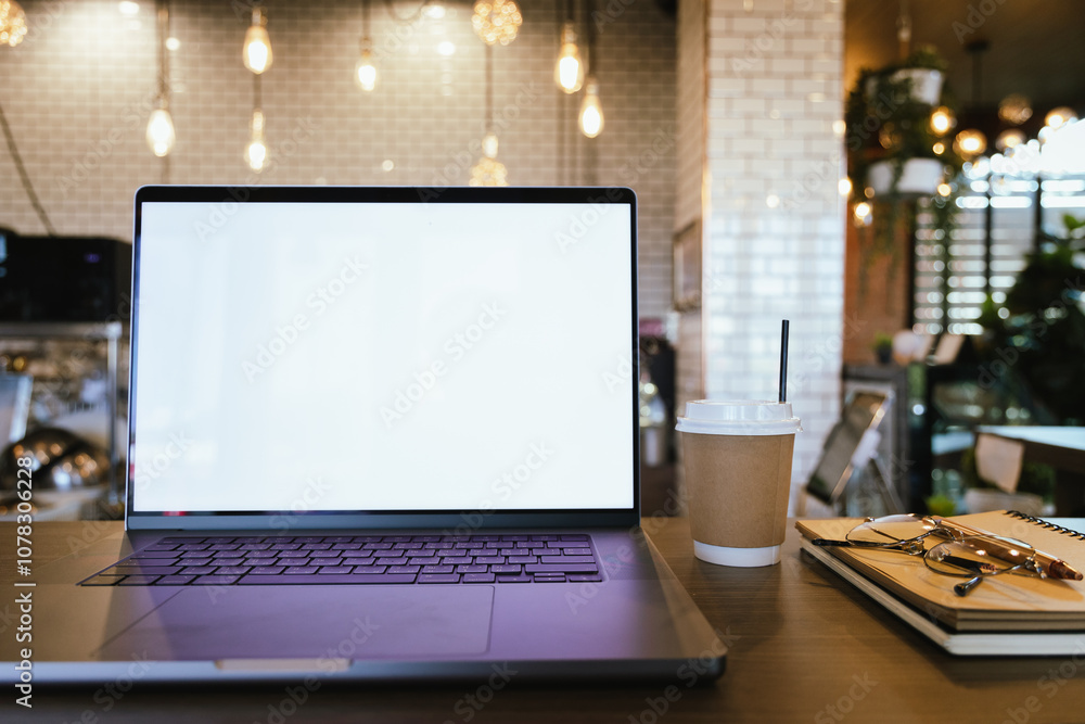 Blank laptop screen on wooden table with coffee shop interior background and blurred bokeh lights. Mockup model. Template for your text. Blank laptop screen on wooden table with coffee shop interior background and blurred bokeh lights. Mockup model. Template for your text.