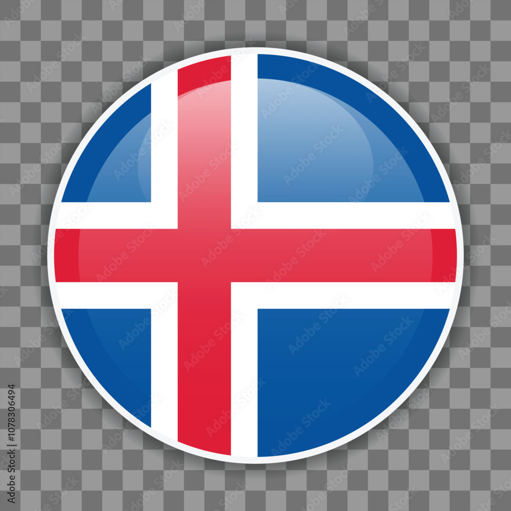 Obraz premium Shiny round Icelandic flag on checkered background. Icon for mobile apps, UI or web design