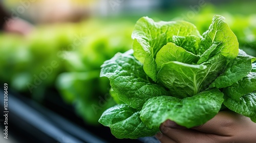 A hand proudly holds a fresh, vibrant head of lettuce in an outdoor garden, emphasizing health and sustainability in homegrown produce during a bright day. photo