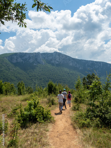 Dubova/Romania - July 24 2019: The trail on the plateau of Ciucaru Mare mountain. This is a peak on the Romanian shore of Danube river.