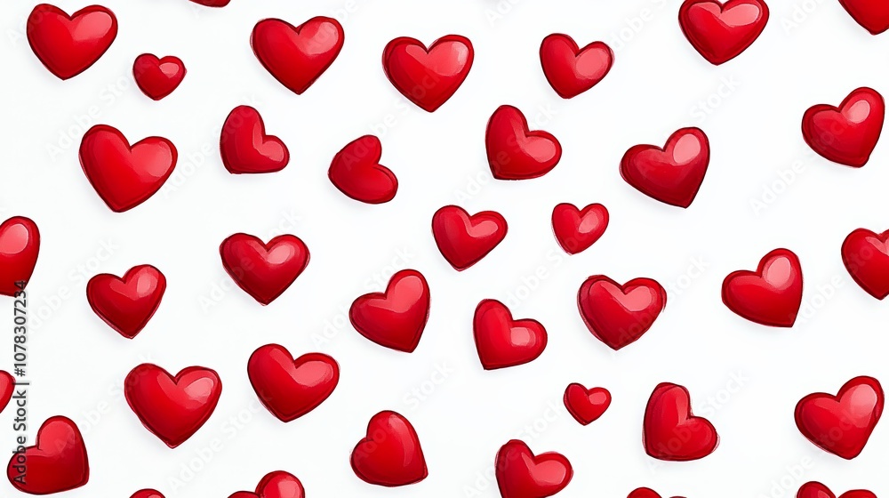 Close up of many red hearts on a white background. The hearts are arranged in a pattern, with some overlapping and others standing alone. Concept of love and affection Close up of many red hearts on a white background. The hearts are arranged in a pattern, with some overlapping and others standing alone. Concept of love and affection