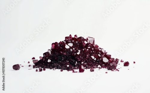 Close-up of crushed garnet gemstones scattered over a smooth surface, highlighting their rich red color and unique shapes photo