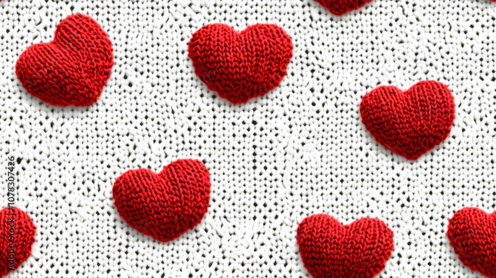 Pattern of red knit hearts on a white background. The hearts are arranged in a way that they look like they are connected to each other, creating a sense of unity and love Pattern of red knit hearts on a white background. The hearts are arranged in a way that they look like they are connected to each other, creating a sense of unity and love