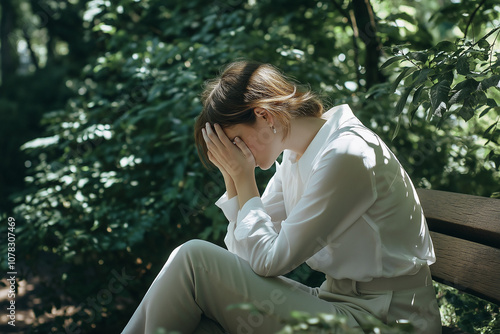 A woman in her thirties, wearing a white shirt and slacks, sits on a bench in an outdoor park with green trees. She is crying, with her head down and her hands covering her face