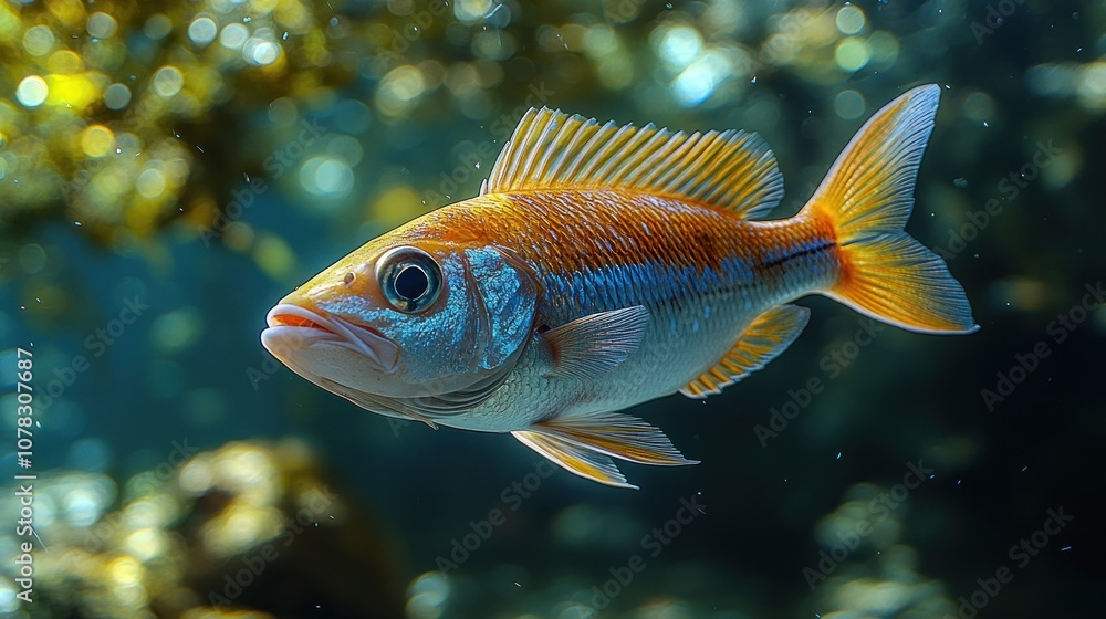 A vibrant underwater image of a fish swimming gracefully. A vibrant underwater image of a fish swimming gracefully.