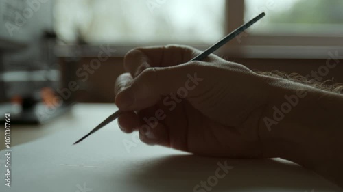 Close up of a male hand painting red onto white paper in front of a window