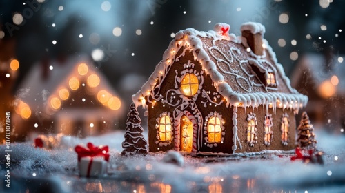 Illuminated Gingerbread House in Snowy Winter Setting