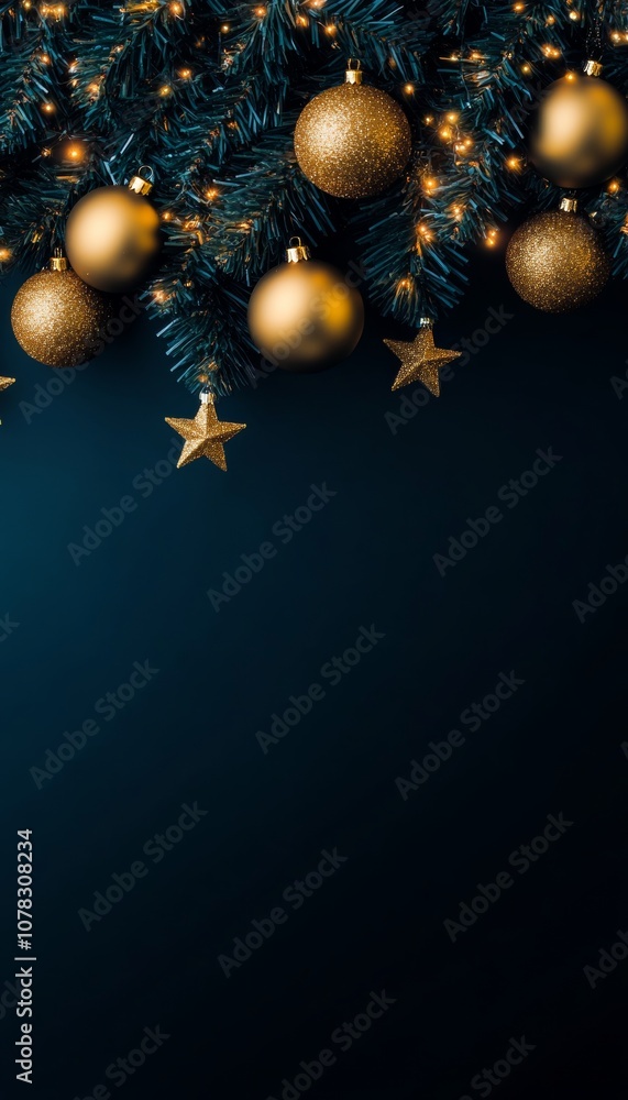 Elegant Christmas Border of Golden Ornaments and Glowing Lights on Dark Green, Festive Background Elegant Christmas Border of Golden Ornaments and Glowing Lights on Dark Green, Festive Background