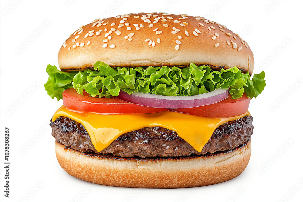Street food burger with dripping cheese, bold colors, pop art style, isolated on white background Street food burger with dripping cheese, bold colors, pop art style, isolated on white background