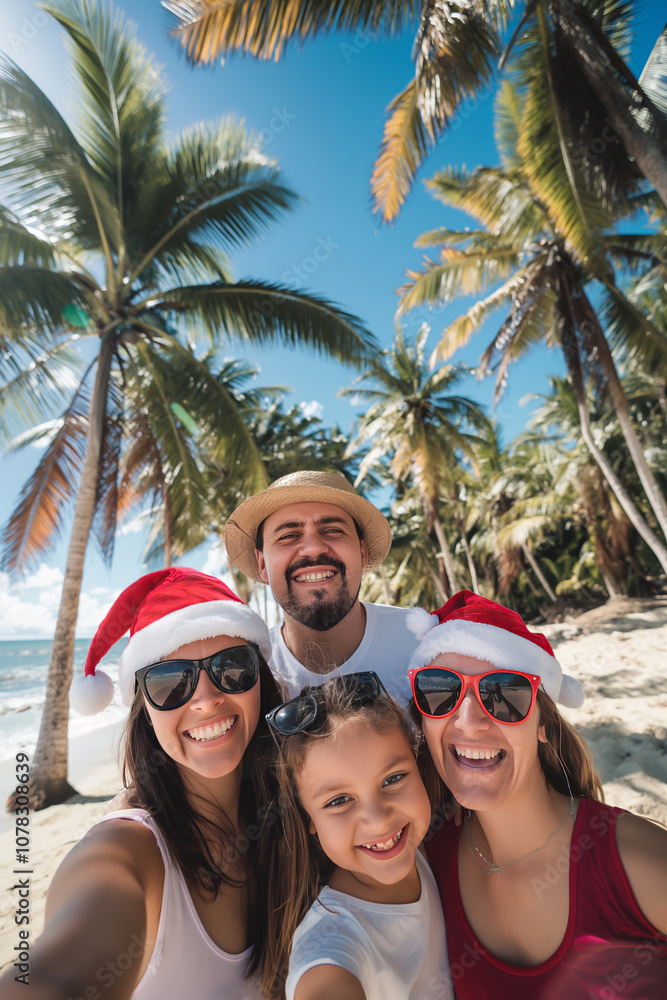 Obraz premium Happy young family wearing Santa’s hats and Christmas sunglasses takes a selfie on the beach against the backdrop of palm trees. Winter holidays in exotic resort, travel photo in a tropical paradise. 