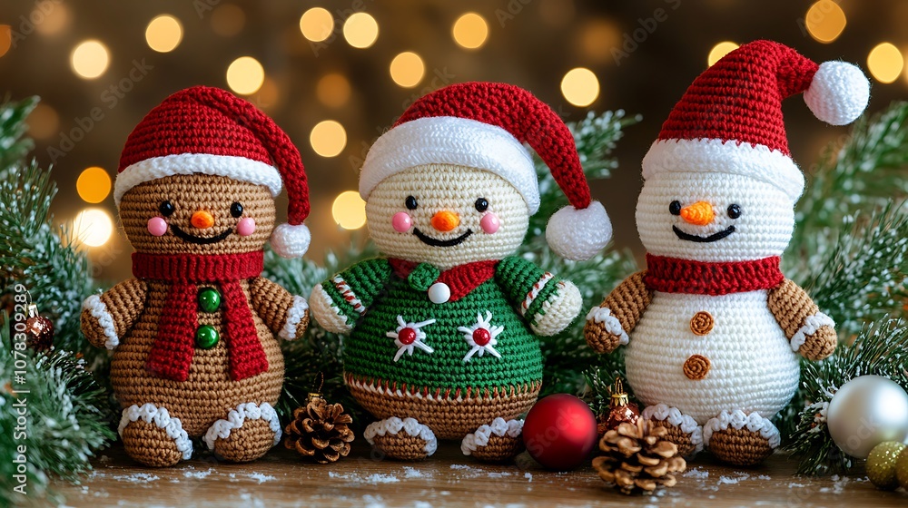 A gingerbread man, a snowman, and a snowman in a green sweater, all knitted, stand on a wooden table with pine branches around them, and a red ornament, a gold ornament, and a pine cone. A gingerbread man, a snowman, and a snowman in a green sweater, all knitted, stand on a wooden table with pine branches around them, and a red ornament, a gold ornament, and a pine cone.