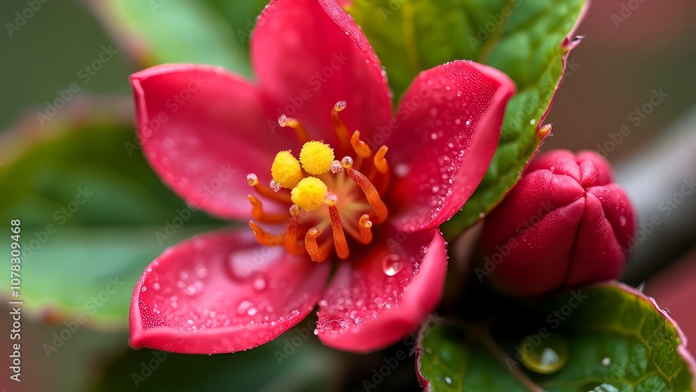 Obraz premium Macro shot of a blooming red bud with vibrant yellow pollen and lush green leaves, capturing the delicate beauty of spring, high detail