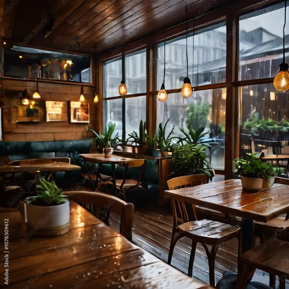 Generate a cozy café scene on a rainy day, with foggy windows, warm lights, and people enjoying coffee. Raindrops fall outside, and books and plants decorate the wooden interior Generate a cozy café scene on a rainy day, with foggy windows, warm lights, and people enjoying coffee. Raindrops fall outside, and books and plants decorate the wooden interior