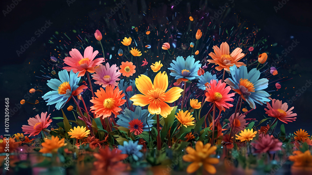 A massive burst of flowers in mid-air, each petal and bloom made from vibrant digital textures and glowing with neon edges A massive burst of flowers in mid-air, each petal and bloom made from vibrant digital textures and glowing with neon edges