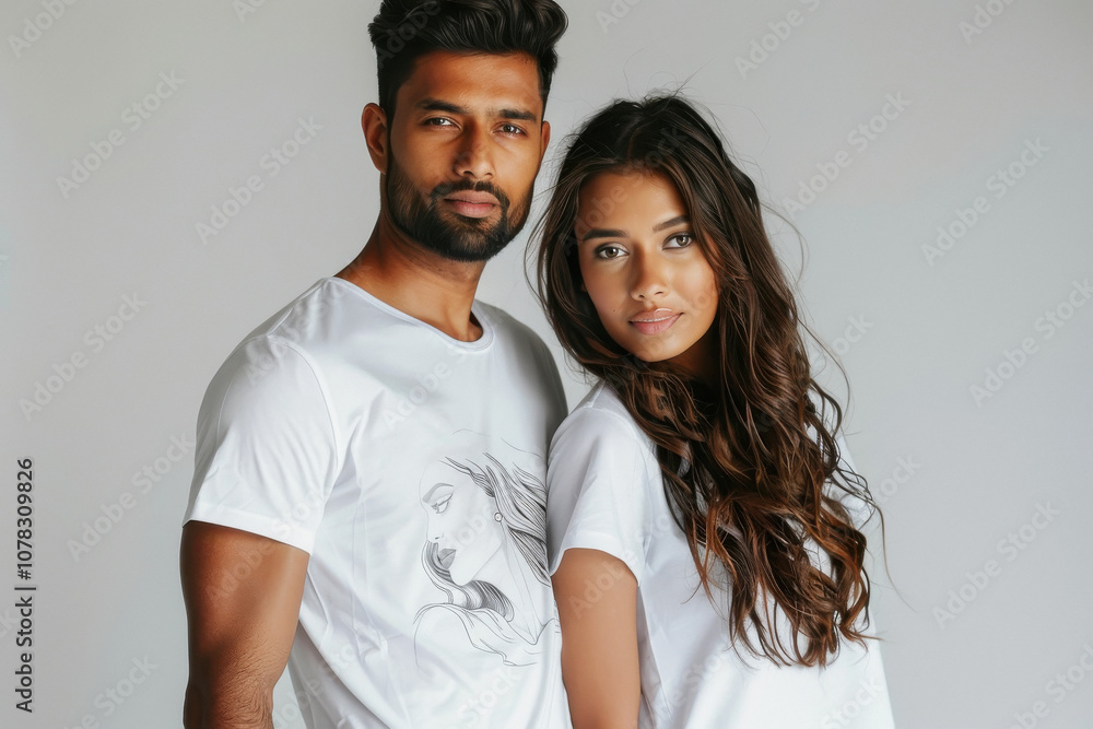 indian couple models man and woman wearing fitting T-shirt with a design, white background indian couple models man and woman wearing fitting T-shirt with a design, white background