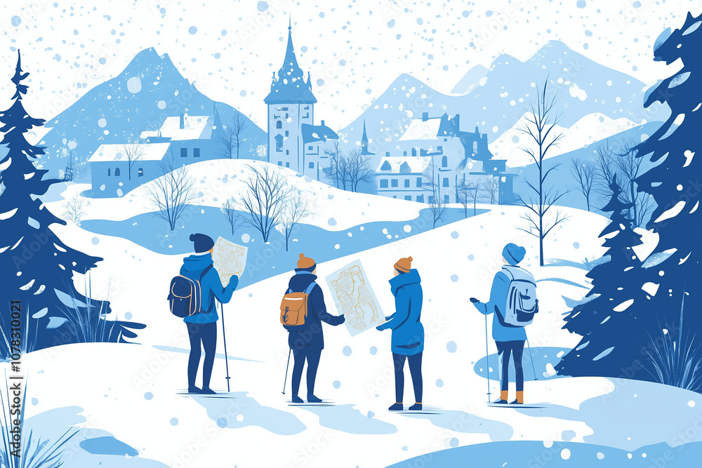 Minimalist illustration of a winter tour with guide holding a map Minimalist illustration of a winter tour with guide holding a map