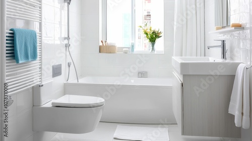 A modern, bright bathroom featuring a bathtub, toilet, window, and decorative plants with a clean, minimalist aesthetic.
