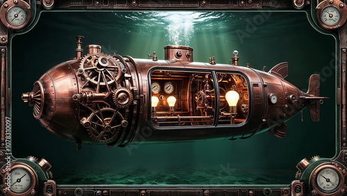 Steampunk submarine with intricate gears and lights underwater photo