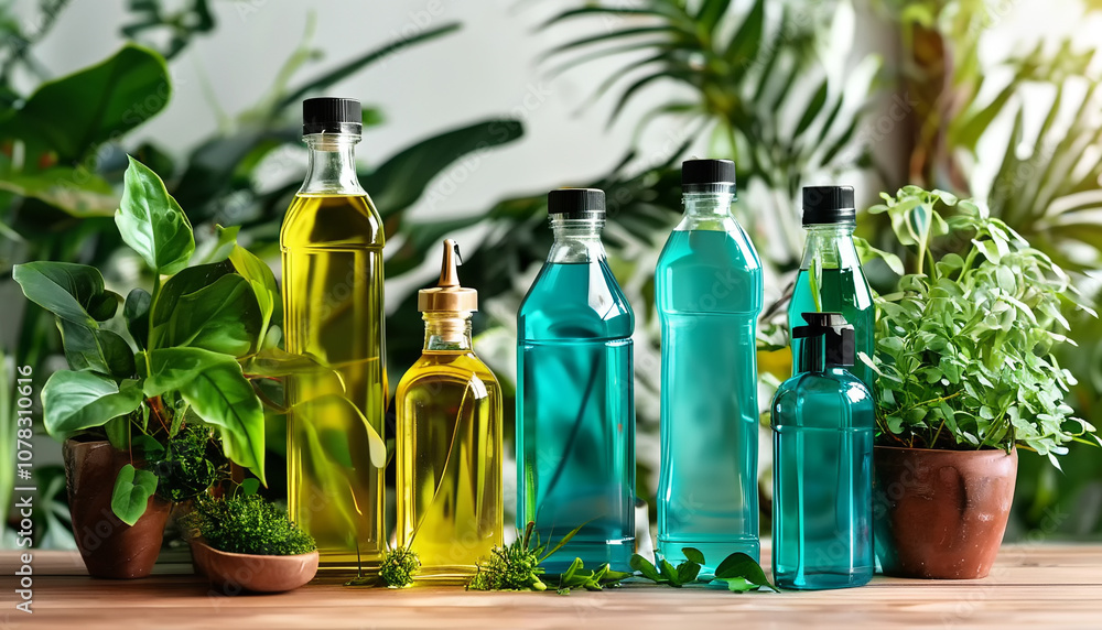 A vibrant display of colorful bottles amid lush greenery in a cozy indoor garden A vibrant display of colorful bottles amid lush greenery in a cozy indoor garden