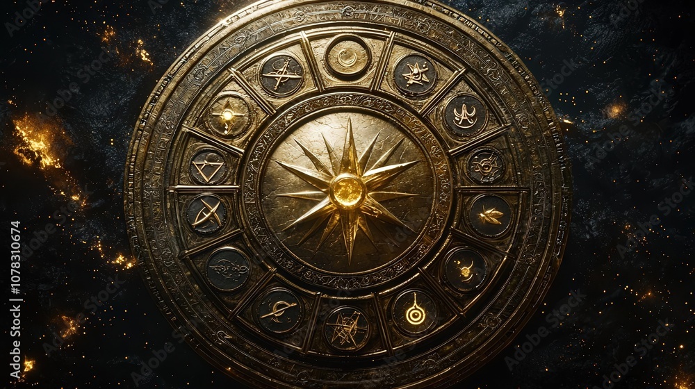 Obraz premium Golden celestial compass with star symbols