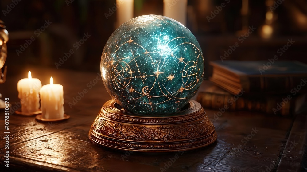 Mystical crystal ball on glowing runes Mystical crystal ball on glowing runes