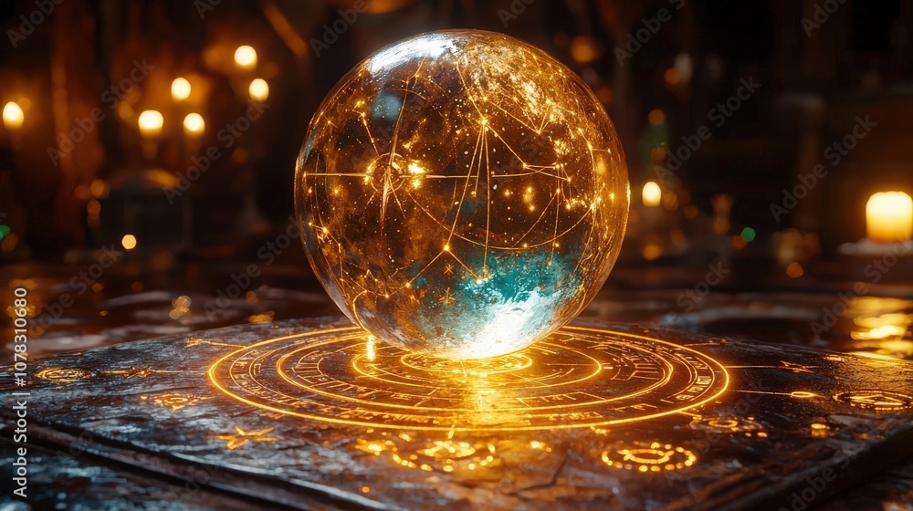 Fototapeta premium Mystical crystal ball on glowing runes