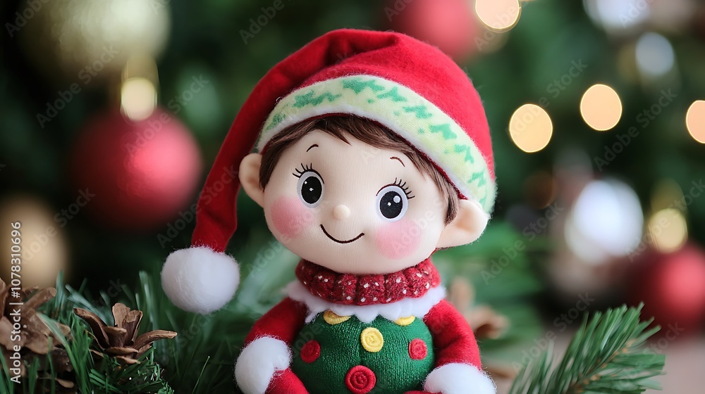 A close-up of a Christmas elf doll with a red hat, green and red outfit, and big eyes, sitting on a Christmas tree branch. A close-up of a Christmas elf doll with a red hat, green and red outfit, and big eyes, sitting on a Christmas tree branch.