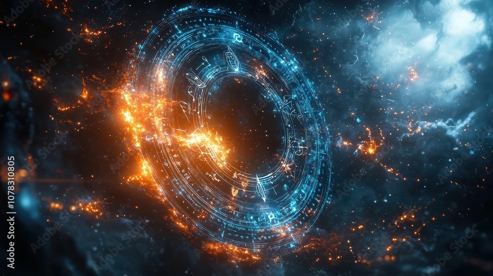 A majestic horoscope wheel floating in space with vibrant zodiac symbols glowing softly A majestic horoscope wheel floating in space with vibrant zodiac symbols glowing softly