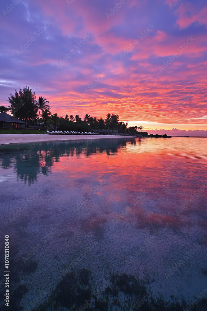 Obraz premium Tropical Sunset Beach Scene with Vibrant Sky Colors, Silhouetted Palm Trees, and Serene Ocean Reflections for Travel, Relaxation, and Nature Themes