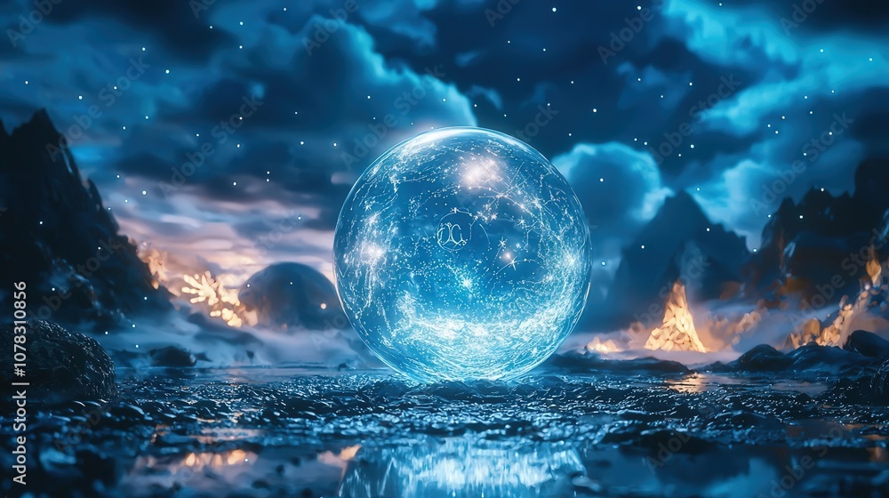 A moonlit crystal ball with faint zodiac symbols appearing inside, creating an enchanting scene A moonlit crystal ball with faint zodiac symbols appearing inside, creating an enchanting scene