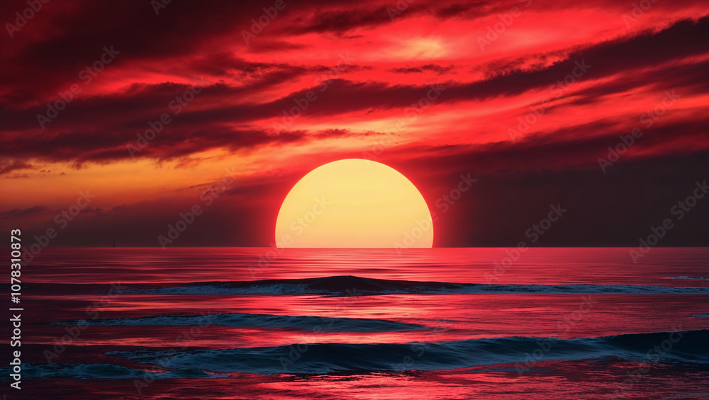Red sunset over calm ocean waves with dramatic sky tones Red sunset over calm ocean waves with dramatic sky tones