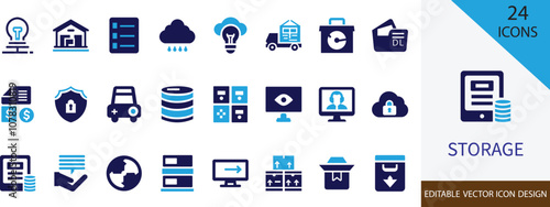 Storage solid icon collection set. with backup, library,  memory, vaulting, stowage, hard drive, closet vector illustration