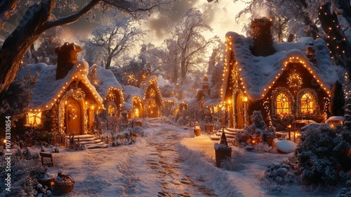 A Snow-Covered Village of Cozy Stone Cottages Lit by Warm Lights