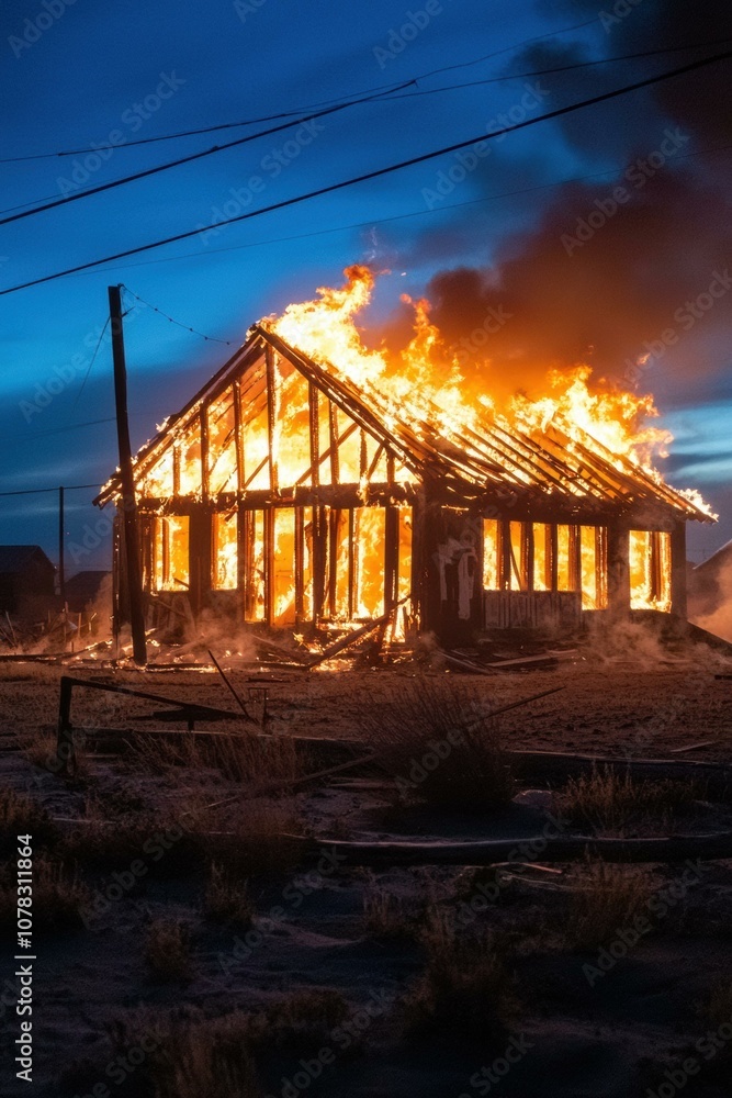 Fototapeta premium A house is engulfed in flames during a fire. AI.