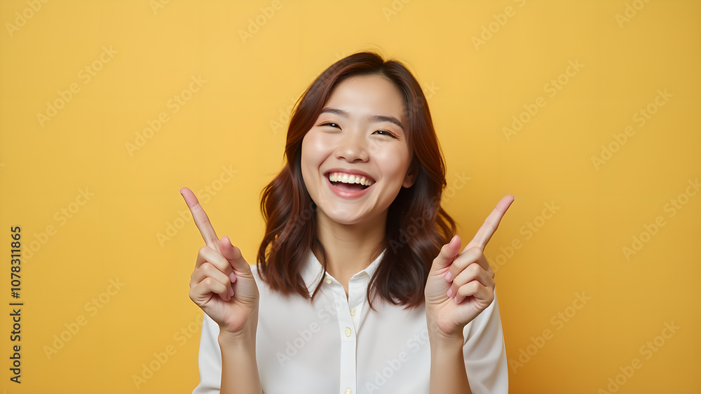 A happy young Asian woman smiling and pointing upwards in a bright yellow studio setting. A happy young Asian woman smiling and pointing upwards in a bright yellow studio setting.