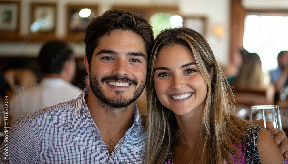 A man and woman smiling for the camera at a restaurant. AI. A man and woman smiling for the camera at a restaurant. AI.