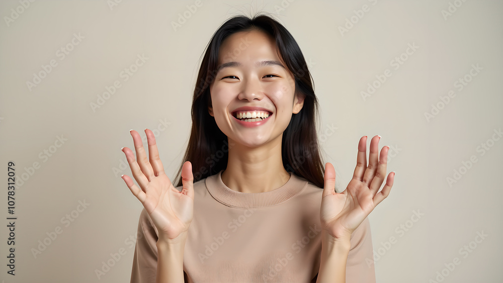 Happy woman with joyful expression, clapping hands. Perfect for emotion, happiness, celebration, excitement concepts.