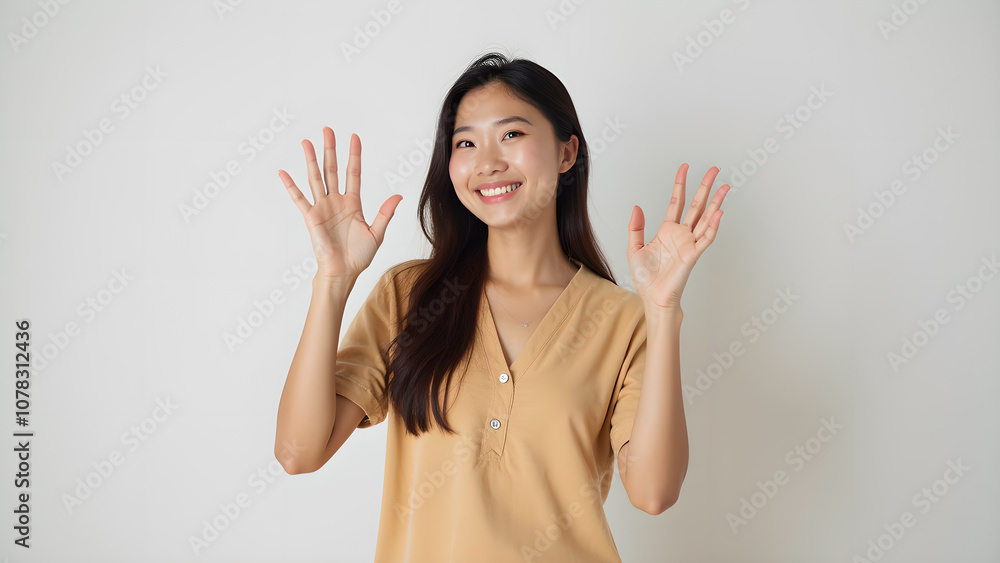 Happy young woman smiling with her hands raised, isolated on white background. Happy young woman smiling with her hands raised, isolated on white background.