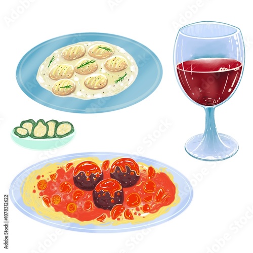 Meatball tomato pasta and cream gnocchi dish with a glass of red wine
