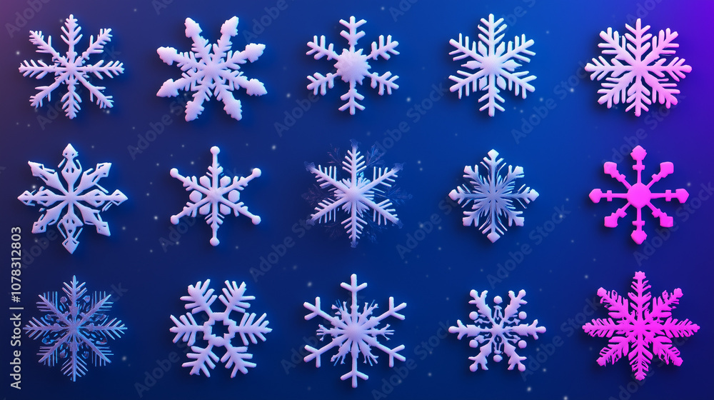 This image showcases a collection of intricately designed snowflakes set against a beautiful gradient blue background, highlighting their unique patterns and symmetry. This image showcases a collection of intricately designed snowflakes set against a beautiful gradient blue background, highlighting their unique patterns and symmetry.
