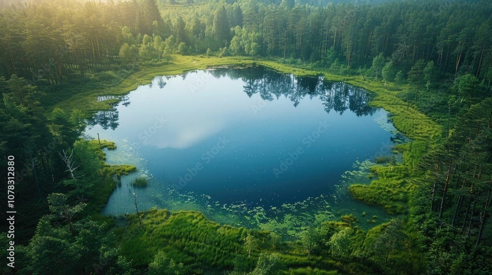 An overhead view of a tranquil forest lake reflecting the surrounding lush greenery under bright sunlight. The serene setting highlights the beauty of nature and peaceful water reflections An overhead view of a tranquil forest lake reflecting the surrounding lush greenery under bright sunlight. The serene setting highlights the beauty of nature and peaceful water reflections
