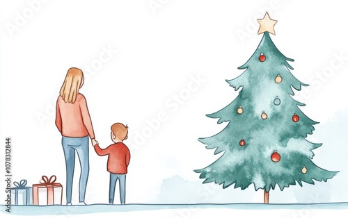 A heartwarming scene of a mother and child admiring a beautifully decorated Christmas tree. photo