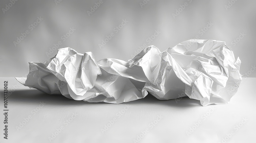 A crumpled sheet of white paper on a smooth surface, creating an abstract, minimalist composition. A crumpled sheet of white paper on a smooth surface, creating an abstract, minimalist composition.
