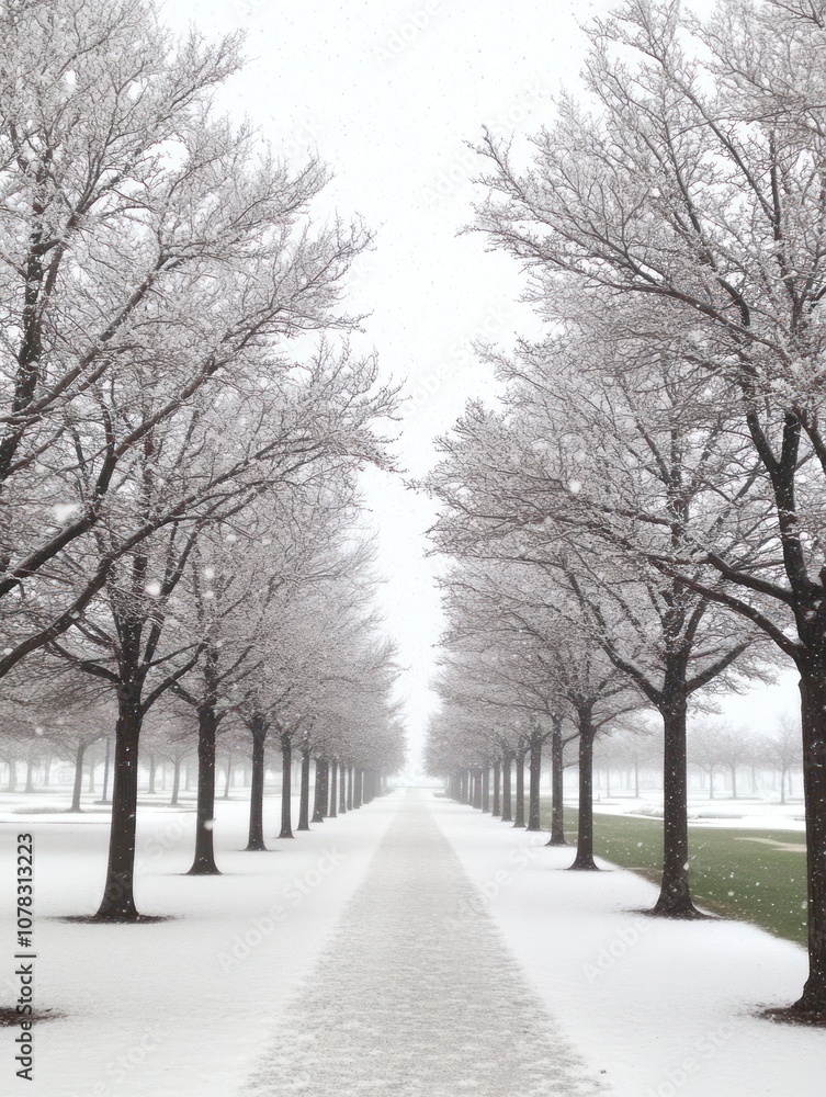 A serene winter scene with snow-covered trees lining a pathway. A serene winter scene with snow-covered trees lining a pathway.