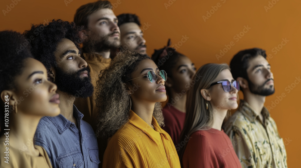 Diversiyt and Equality: Diverse group of people looking up, showcasing unity and strength Diversiyt and Equality: Diverse group of people looking up, showcasing unity and strength