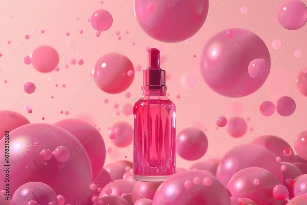 A bottle of botox surrounded by pink spheres against a pink background with a pink and gold color palette. A bottle of botox surrounded by pink spheres against a pink background with a pink and gold color palette.